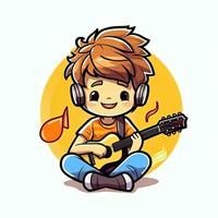 Cute boy playing guitar and listening to music with headset in cartoon style. Youth day or music day concept by AI Generated photo