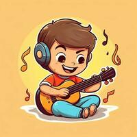 linda chico jugando guitarra y escuchando a música con auriculares en dibujos animados estilo. juventud día o música día concepto por ai generado foto