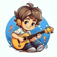 Cute boy playing guitar and listening to music with headset in cartoon style. Youth day or music day concept by AI Generated photo