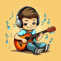 linda chico jugando guitarra y escuchando a música con auriculares en dibujos animados estilo. juventud día o música día concepto por ai generado foto