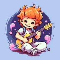 linda chico jugando guitarra y escuchando a música con auriculares en dibujos animados estilo. juventud día o música día concepto por ai generado foto