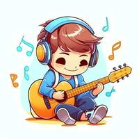 linda chico jugando guitarra y escuchando a música con auriculares en dibujos animados estilo. juventud día o música día concepto por ai generado foto