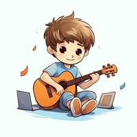 linda chico jugando guitarra y escuchando a música con auriculares en dibujos animados estilo. juventud día o música día concepto por ai generado foto