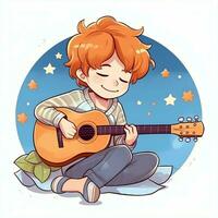 Cute boy playing guitar and listening to music with headset in cartoon style. Youth day or music day concept by AI Generated photo