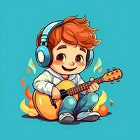 linda chico jugando guitarra y escuchando a música con auriculares en dibujos animados estilo. juventud día o música día concepto por ai generado foto