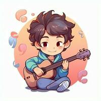 Cute boy playing guitar and listening to music with headset in cartoon style. Youth day or music day concept by AI Generated photo