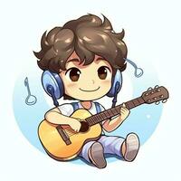 linda chico jugando guitarra y escuchando a música con auriculares en dibujos animados estilo. juventud día o música día concepto por ai generado foto