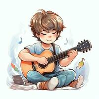 Cute boy playing guitar and listening to music with headset in cartoon style. Youth day or music day concept by AI Generated photo
