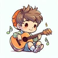 Cute boy playing guitar and listening to music with headset in cartoon style. Youth day or music day concept by AI Generated photo