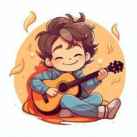 linda chico jugando guitarra y escuchando a música con auriculares en dibujos animados estilo. juventud día o música día concepto por ai generado foto