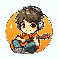 Cute boy playing guitar and listening to music with headset in cartoon style. Youth day or music day concept by AI Generated photo