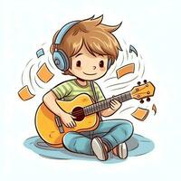 linda chico jugando guitarra y escuchando a música con auriculares en dibujos animados estilo. juventud día o música día concepto por ai generado foto