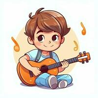 Cute boy playing guitar and listening to music with headset in cartoon style. Youth day or music day concept by AI Generated photo