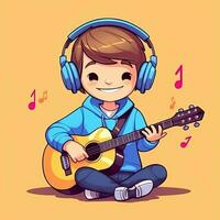 linda chico jugando guitarra y escuchando a música con auriculares en dibujos animados estilo. juventud día o música día concepto por ai generado foto