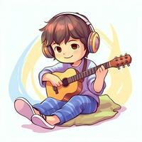 Cute boy playing guitar and listening to music with headset in cartoon style. Youth day or music day concept by AI Generated photo
