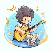 linda chico jugando guitarra y escuchando a música con auriculares en dibujos animados estilo. juventud día o música día concepto por ai generado foto