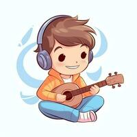 linda chico jugando guitarra y escuchando a música con auriculares en dibujos animados estilo. juventud día o música día concepto por ai generado foto