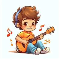 linda chico jugando guitarra y escuchando a música con auriculares en dibujos animados estilo. juventud día o música día concepto por ai generado foto