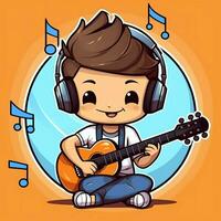 Cute boy playing guitar and listening to music with headset in cartoon style. Youth day or music day concept by AI Generated photo