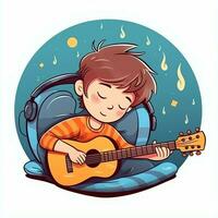 Cute boy playing guitar and listening to music with headset in cartoon style. Youth day or music day concept by AI Generated photo