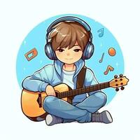 Cute boy playing guitar and listening to music with headset in cartoon style. Youth day or music day concept by AI Generated photo