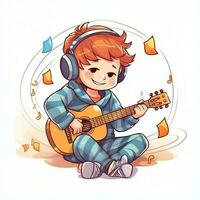 Cute boy playing guitar and listening to music with headset in cartoon style. Youth day or music day concept by AI Generated photo