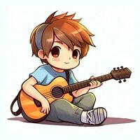 Cute boy playing guitar and listening to music with headset in cartoon style. Youth day or music day concept by AI Generated photo