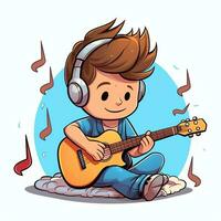 Cute boy playing guitar and listening to music with headset in cartoon style. Youth day or music day concept by AI Generated photo