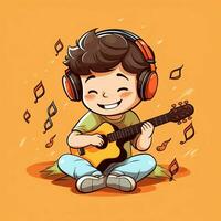 linda chico jugando guitarra y escuchando a música con auriculares en dibujos animados estilo. juventud día o música día concepto por ai generado foto