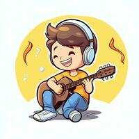 Cute boy playing guitar and listening to music with headset in cartoon style. Youth day or music day concept by AI Generated photo