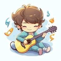 Cute boy playing guitar and listening to music with headset in cartoon style. Youth day or music day concept by AI Generated photo