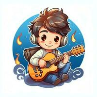 Cute boy playing guitar and listening to music with headset in cartoon style. Youth day or music day concept by AI Generated photo