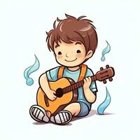 Cute boy playing guitar and listening to music with headset in cartoon style. Youth day or music day concept by AI Generated photo