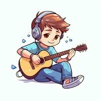 Cute boy playing guitar and listening to music with headset in cartoon style. Youth day or music day concept by AI Generated photo