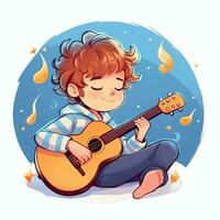 linda chico jugando guitarra y escuchando a música con auriculares en dibujos animados estilo. juventud día o música día concepto por ai generado foto