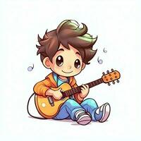 linda chico jugando guitarra y escuchando a música con auriculares en dibujos animados estilo. juventud día o música día concepto por ai generado foto