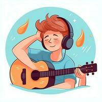 linda chico jugando guitarra y escuchando a música con auriculares en dibujos animados estilo. juventud día o música día concepto por ai generado foto