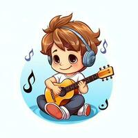 linda chico jugando guitarra y escuchando a música con auriculares en dibujos animados estilo. juventud día o música día concepto por ai generado foto