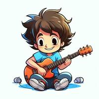 linda chico jugando guitarra y escuchando a música con auriculares en dibujos animados estilo. juventud día o música día concepto por ai generado foto