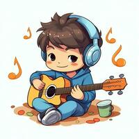 Cute boy playing guitar and listening to music with headset in cartoon style. Youth day or music day concept by AI Generated photo