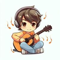 Cute boy playing guitar and listening to music with headset in cartoon style. Youth day or music day concept by AI Generated photo