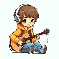 Cute boy playing guitar and listening to music with headset in cartoon style. Youth day or music day concept by AI Generated photo