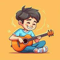 Cute boy playing guitar and listening to music with headset in cartoon style. Youth day or music day concept by AI Generated photo