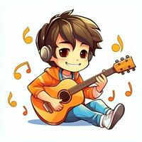 Cute boy playing guitar and listening to music with headset in cartoon style. Youth day or music day concept by AI Generated photo