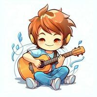 Cute boy playing guitar and listening to music with headset in cartoon style. Youth day or music day concept by AI Generated photo