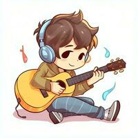 Cute boy playing guitar and listening to music with headset in cartoon style. Youth day or music day concept by AI Generated photo