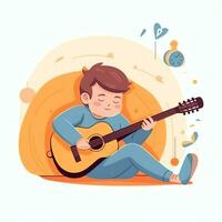 linda chico jugando guitarra y escuchando a música con auriculares en dibujos animados estilo. juventud día o música día concepto por ai generado foto