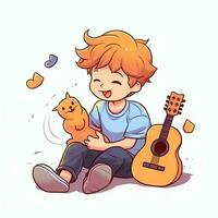 Cute boy playing guitar and listening to music with headset in cartoon style. Youth day or music day concept by AI Generated photo