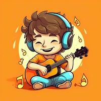 Cute boy playing guitar and listening to music with headset in cartoon style. Youth day or music day concept by AI Generated photo