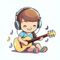 linda chico jugando guitarra y escuchando a música con auriculares en dibujos animados estilo. juventud día o música día concepto por ai generado foto